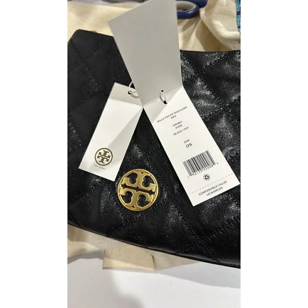 Tory Burch Willa Quilted Leather Shoulder Bag Black Gold Hardware - EUC)